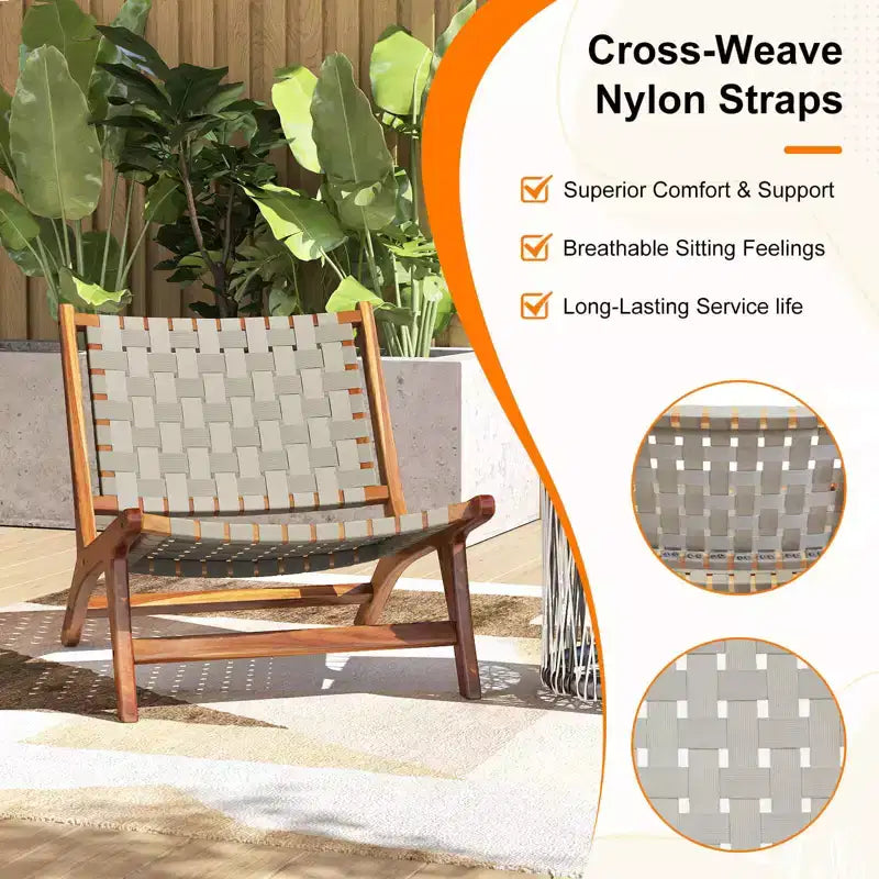 Chaise d'extérieur en teck avec assise et dossier en sangle de nylon Coatway 1/2/4 pièces pour jardin, véranda, balcon