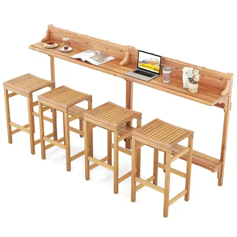 Costway 6 PCS Acacia Wood Balcony Table Set w/ Shelf Footrest Curved Wood Seat