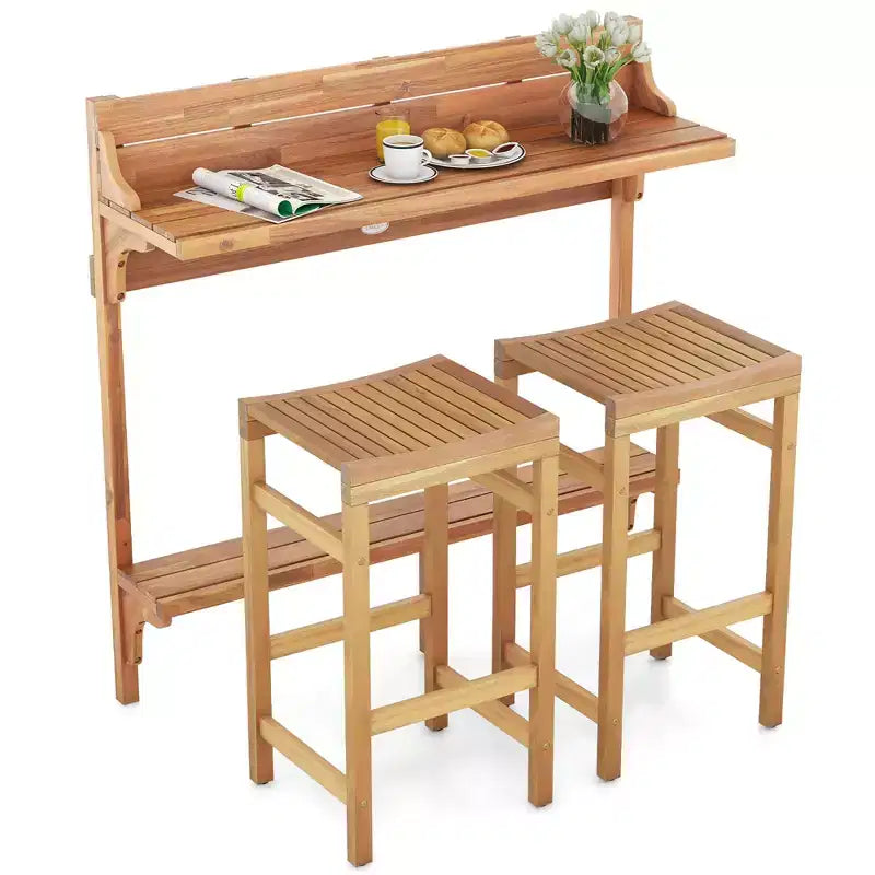 Costway Ensemble table de balcon 6 pièces en bois d'acacia avec étagère, repose-pieds et siège en bois incurvé