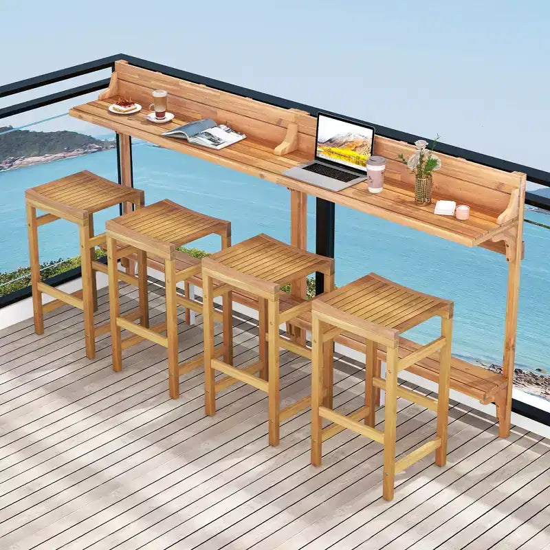 Costway Ensemble table de balcon 6 pièces en bois d'acacia avec étagère, repose-pieds et siège en bois incurvé