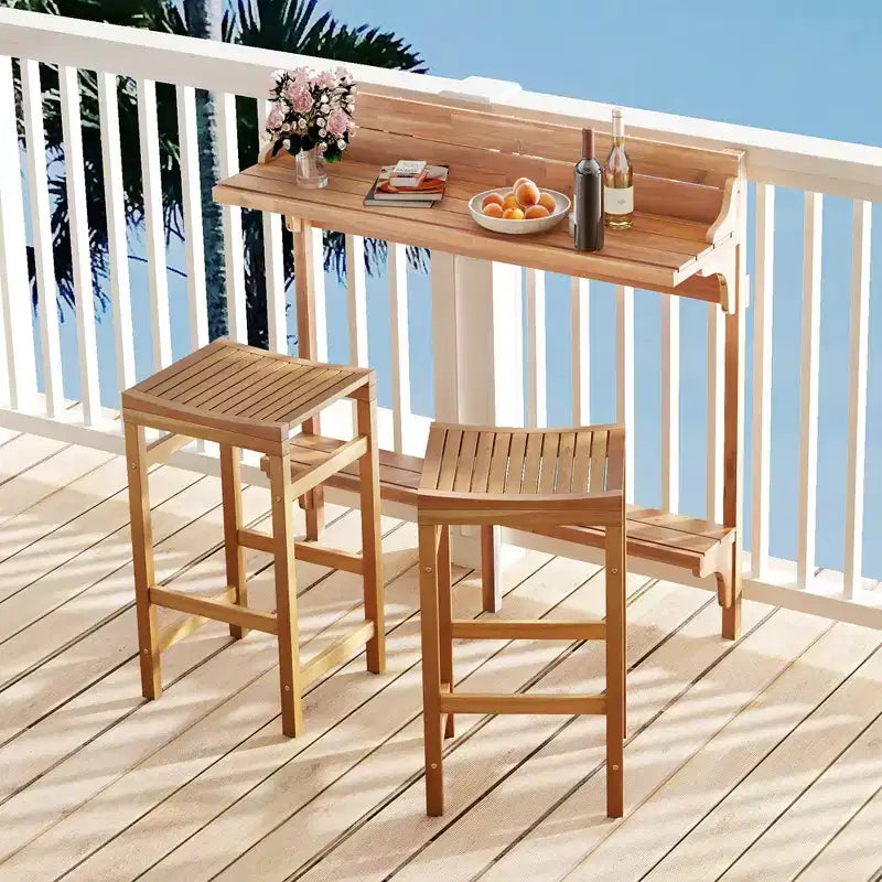 Costway Ensemble table de balcon 6 pièces en bois d'acacia avec étagère, repose-pieds et siège en bois incurvé