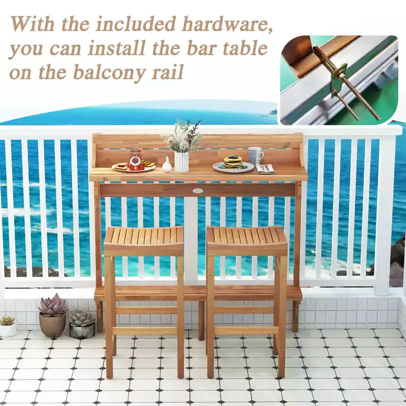 Costway Ensemble table de balcon 6 pièces en bois d'acacia avec étagère, repose-pieds et siège en bois incurvé