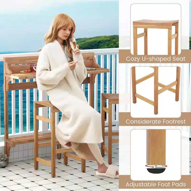 Costway Ensemble table de balcon 6 pièces en bois d'acacia avec étagère, repose-pieds et siège en bois incurvé