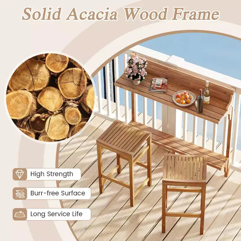 Costway Ensemble table de balcon 6 pièces en bois d'acacia avec étagère, repose-pieds et siège en bois incurvé