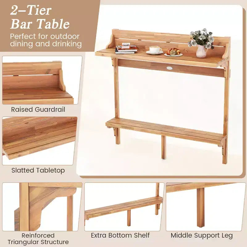 Costway Ensemble table de balcon 6 pièces en bois d'acacia avec étagère, repose-pieds et siège en bois incurvé