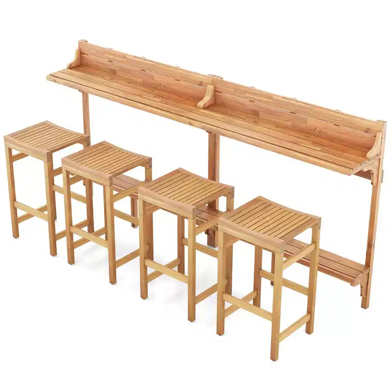 Costway Ensemble table de balcon 6 pièces en bois d'acacia avec étagère, repose-pieds et siège en bois incurvé
