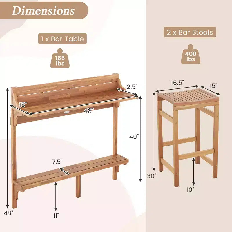 Costway Ensemble table de balcon 6 pièces en bois d'acacia avec étagère, repose-pieds et siège en bois incurvé