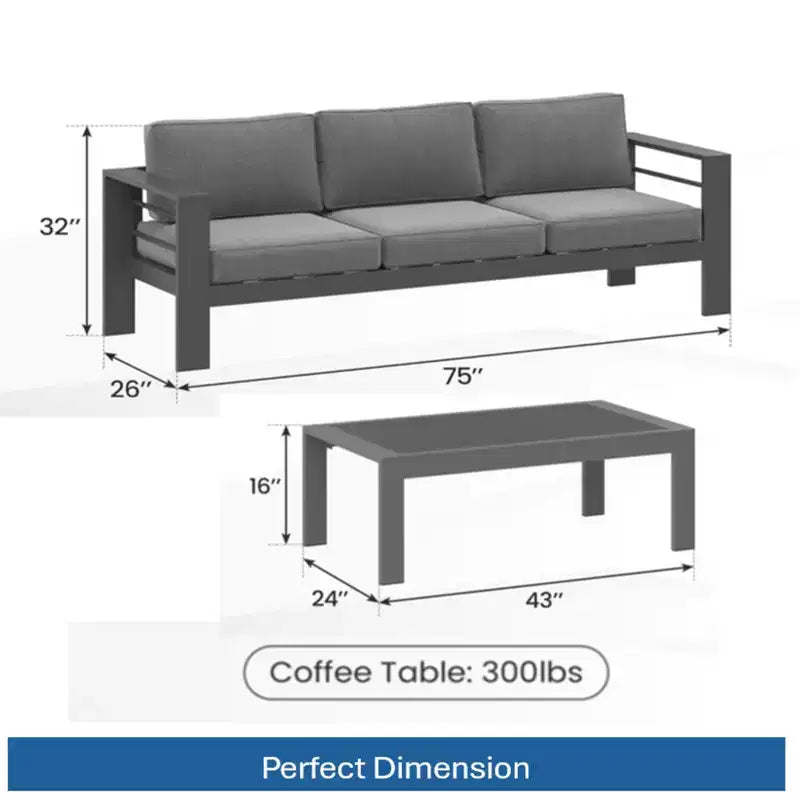Ensemble de patio extérieur 2 pièces, canapé d'extérieur 3 places en métal, résistant aux intempéries, de 190,5 cm, avec coussins épais et table basse de 109,2 cm