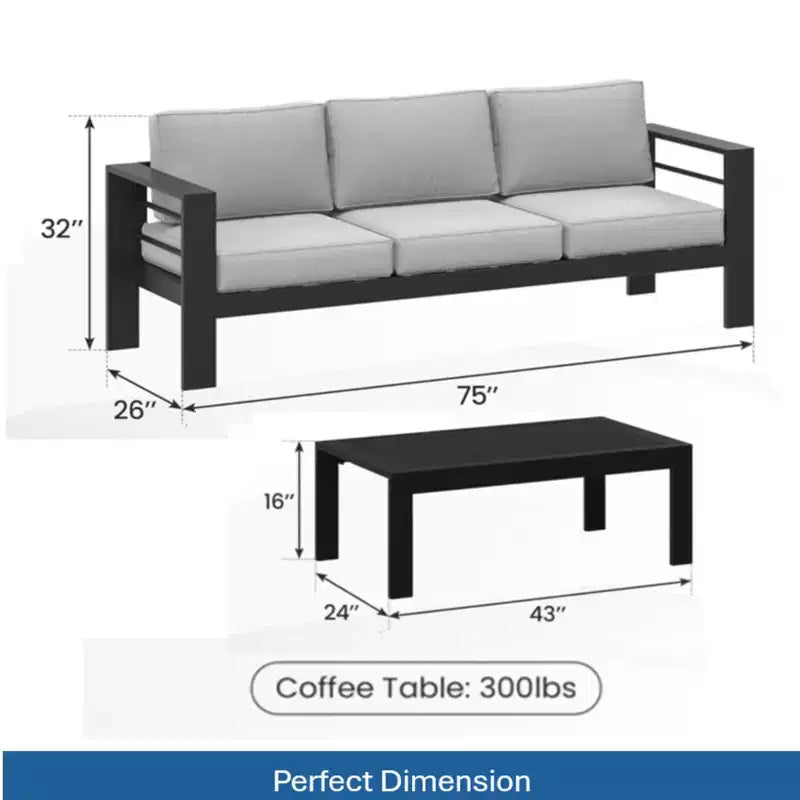 Ensemble de patio extérieur 2 pièces, canapé d'extérieur 3 places en métal, résistant aux intempéries, de 190,5 cm, avec coussins épais et table basse de 109,2 cm