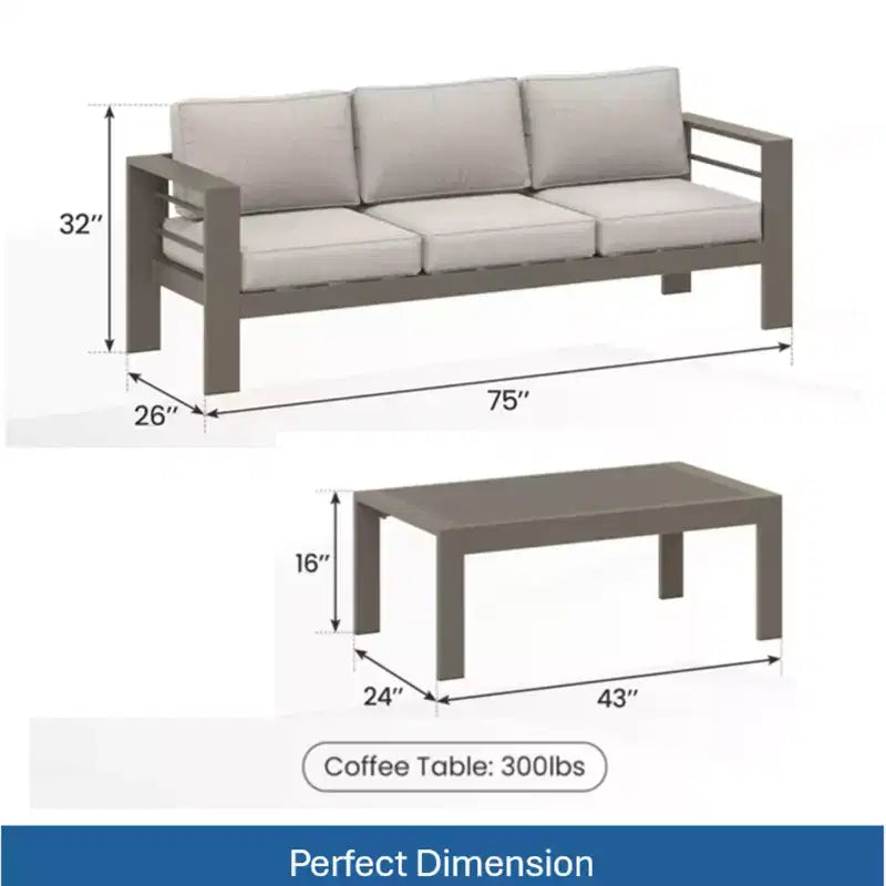 Ensemble de patio extérieur 2 pièces, canapé d'extérieur 3 places en métal, résistant aux intempéries, de 190,5 cm, avec coussins épais et table basse de 109,2 cm
