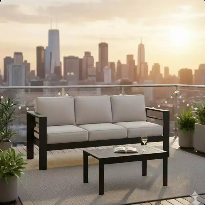2 Pieces Outdoor Patio Set, All-Weather 75 Inch 3-Seat Metal Patio Sofa Couch with Thick Cushions and 43 Inch Coffee Table