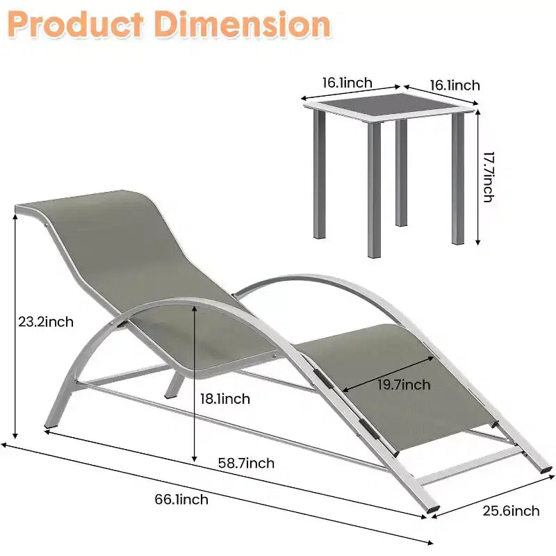 Ensemble de chaises longues de patio en aluminium 3 pièces résistant à la rouille, 2 chaises longues inclinables d'extérieur et 1 table d'appoint, empilable et peu encombrant pour la piscine, le jardin