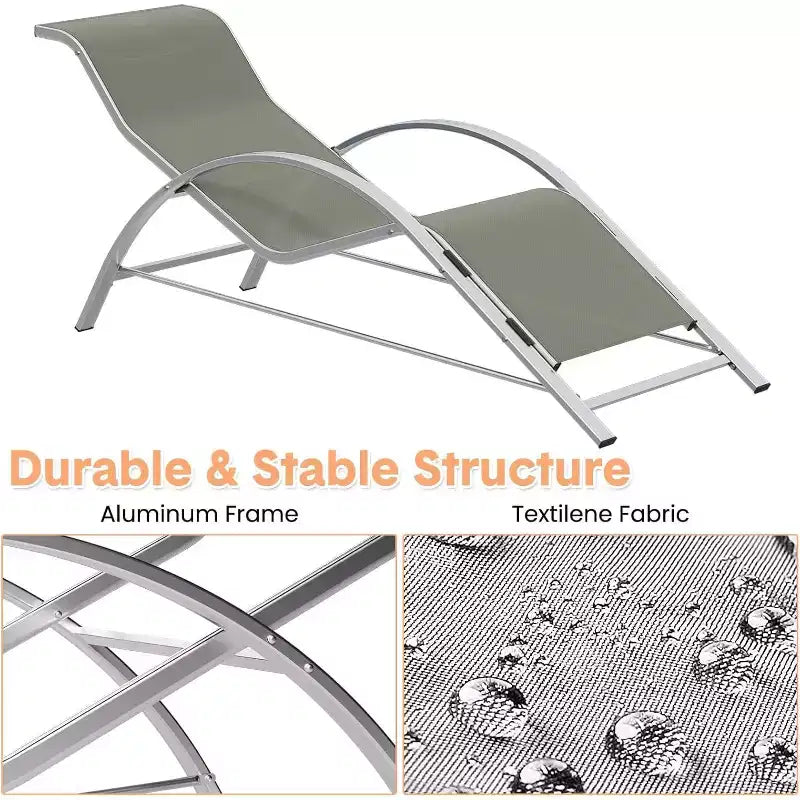 Ensemble de chaises longues de patio en aluminium 3 pièces résistant à la rouille, 2 chaises longues inclinables d'extérieur et 1 table d'appoint, empilable et peu encombrant pour la piscine, le jardin