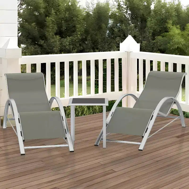 Ensemble de chaises longues de patio en aluminium 3 pièces résistant à la rouille, 2 chaises longues inclinables d'extérieur et 1 table d'appoint, empilable et peu encombrant pour la piscine, le jardin