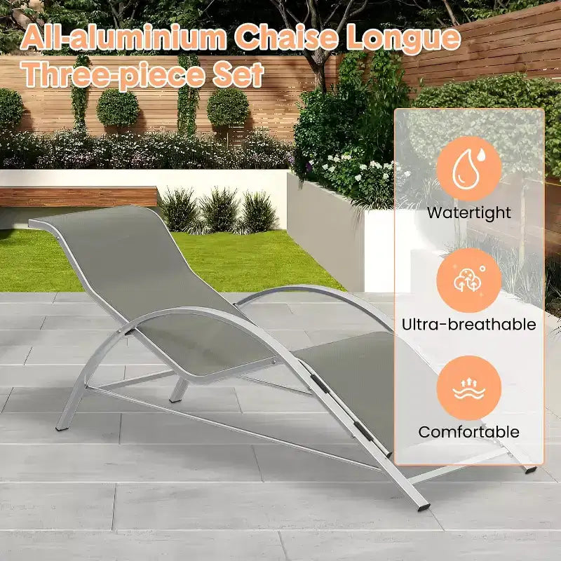 Ensemble de chaises longues de patio en aluminium 3 pièces résistant à la rouille, 2 chaises longues inclinables d'extérieur et 1 table d'appoint, empilable et peu encombrant pour la piscine, le jardin