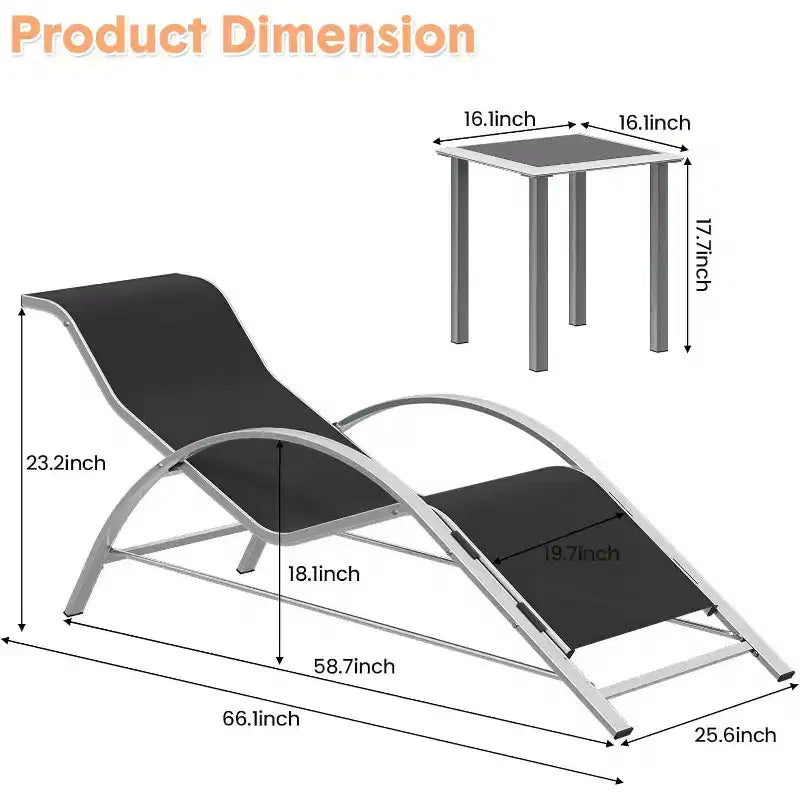 Ensemble de chaises longues de patio en aluminium 3 pièces résistant à la rouille, 2 chaises longues inclinables d'extérieur et 1 table d'appoint, empilable et peu encombrant pour la piscine, le jardin