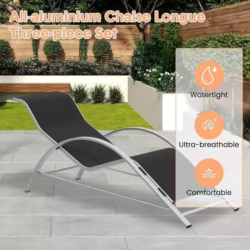 Ensemble de chaises longues de patio en aluminium 3 pièces résistant à la rouille, 2 chaises longues inclinables d'extérieur et 1 table d'appoint, empilable et peu encombrant pour la piscine, le jardin