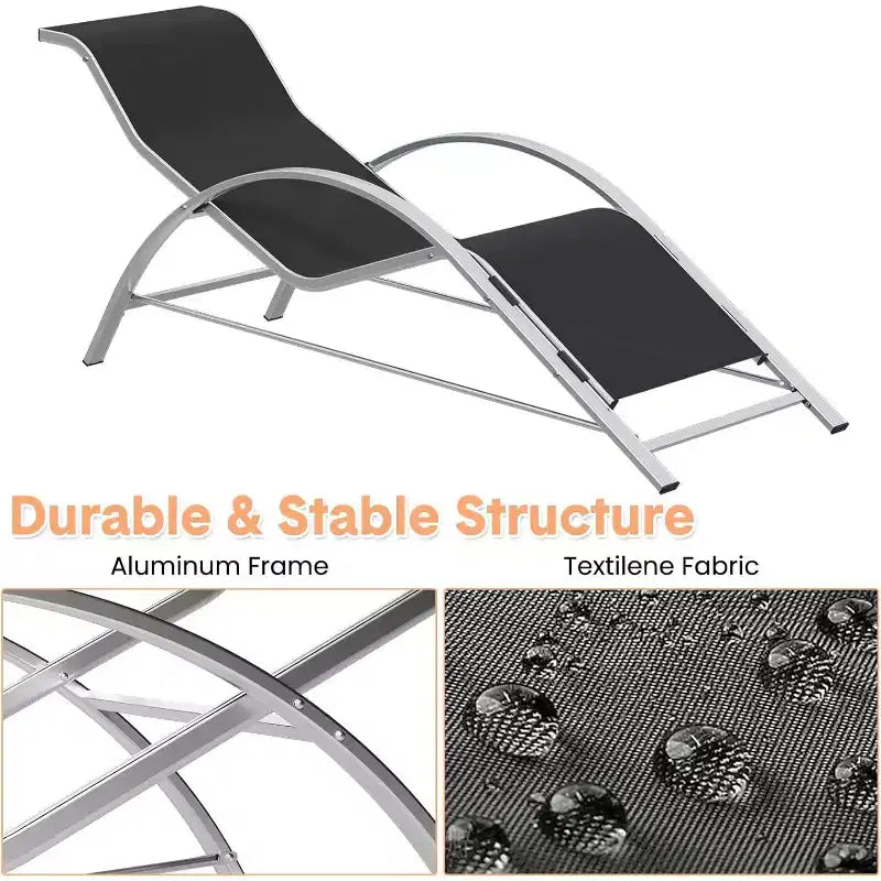 Ensemble de chaises longues de patio en aluminium 3 pièces résistant à la rouille, 2 chaises longues inclinables d'extérieur et 1 table d'appoint, empilable et peu encombrant pour la piscine, le jardin
