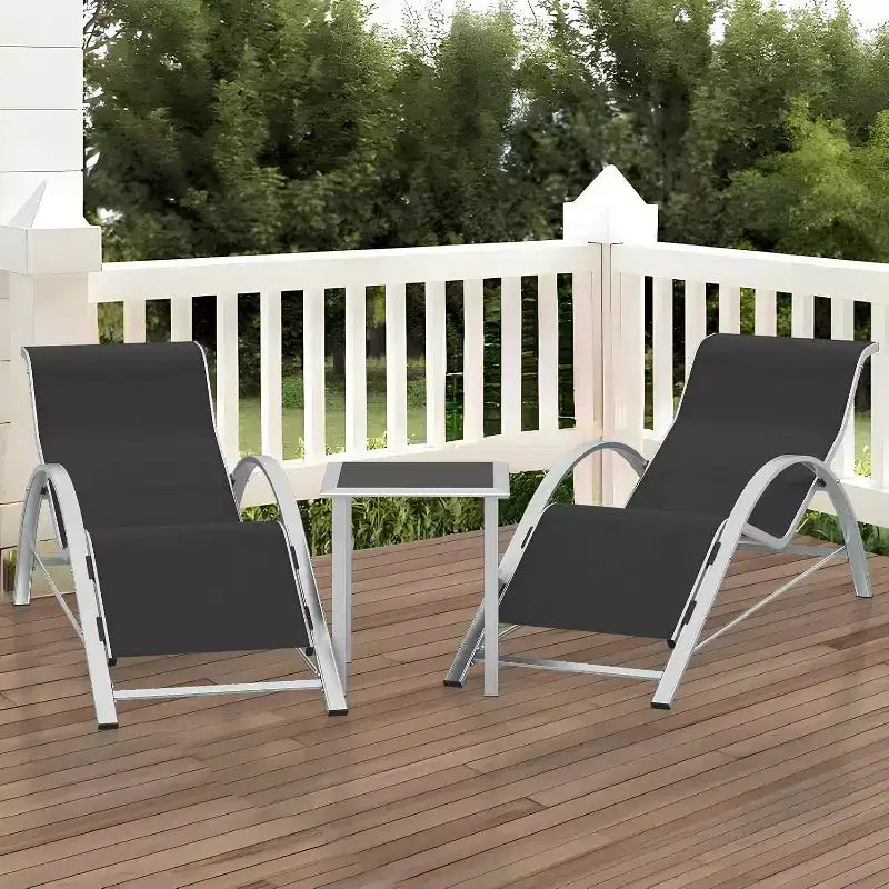 Ensemble de chaises longues de patio en aluminium 3 pièces résistant à la rouille, 2 chaises longues inclinables d'extérieur et 1 table d'appoint, empilable et peu encombrant pour la piscine, le jardin
