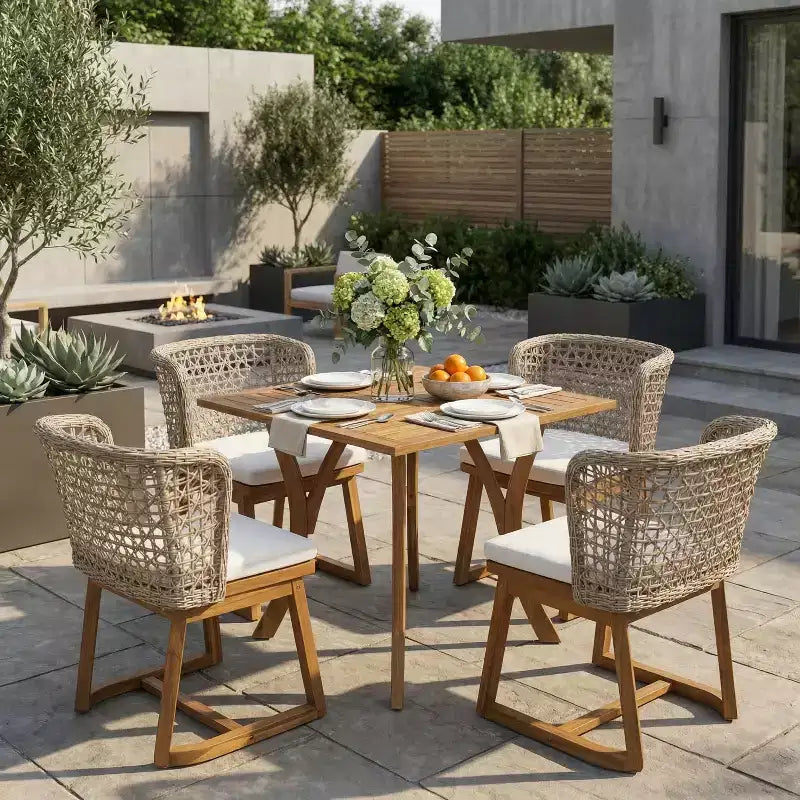 Christopher Knight Home Danio Modern 5 Piece Outdoor Acacia Wood Dining Set with Slatted Table and Wicker Back