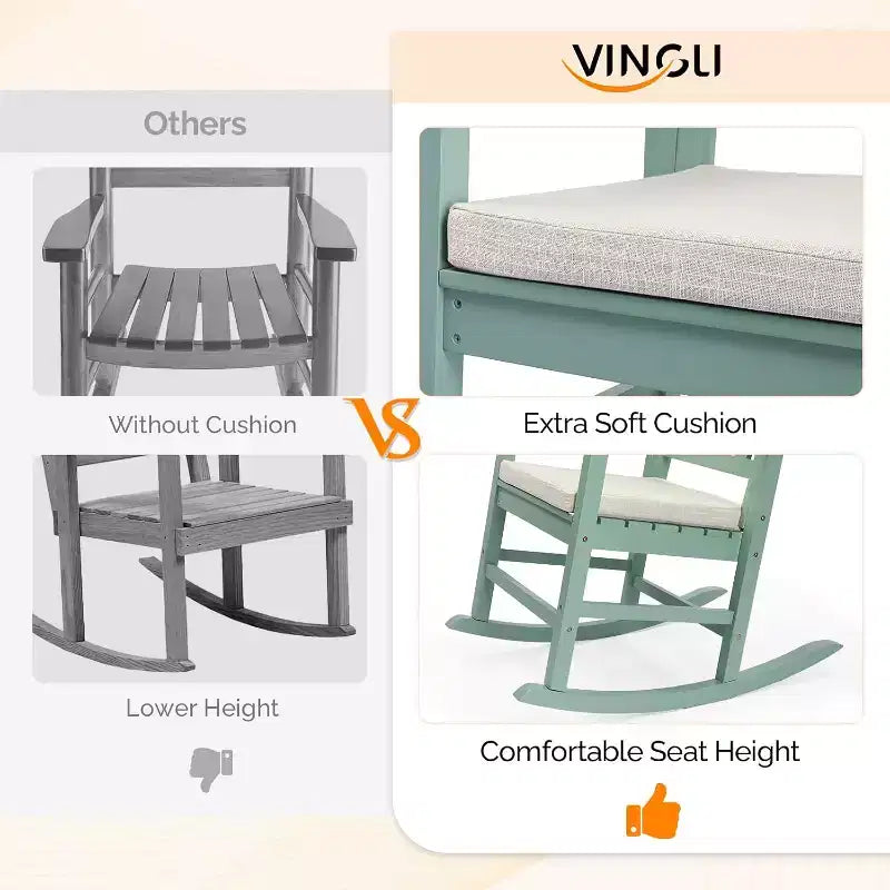 VINGLI Fauteuil à Bascule d'Extérieur, Chaise à Bascule en Bois de Peuplier Robuste 204 kg avec Dossier Haut, Livré avec un Coussin