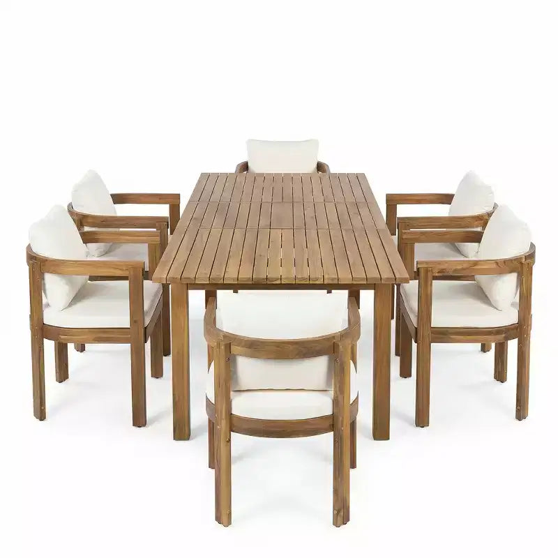 Christopher Knight Home Custi Ensemble de salle à manger moderne de 7 pièces en acacia pour patio avec table à lattes extensible et coussins