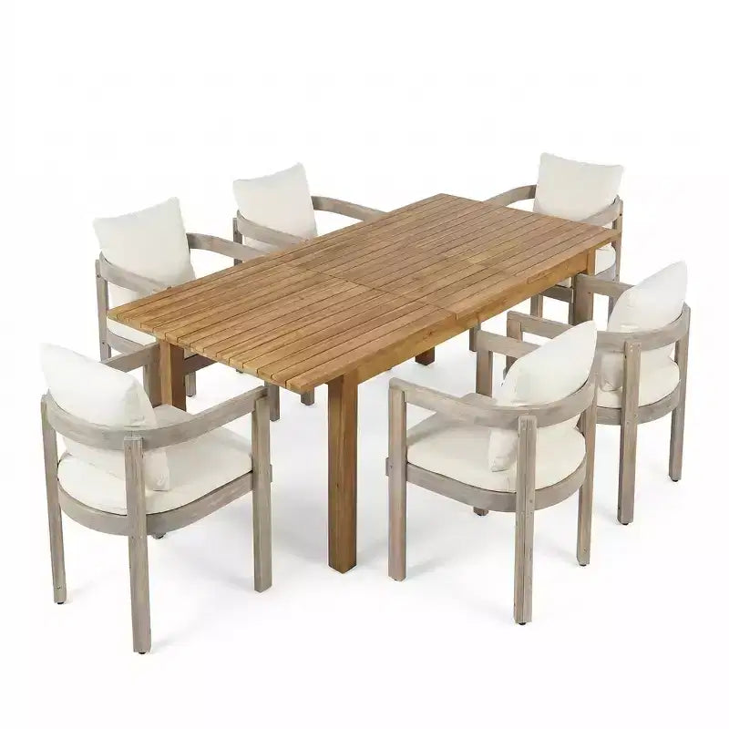 Christopher Knight Home Custi Ensemble de salle à manger moderne de 7 pièces en acacia pour patio avec table à lattes extensible et coussins