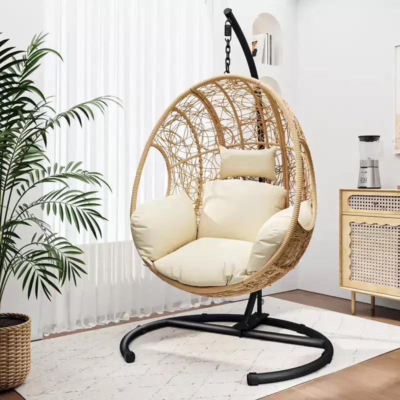 GDFStudio Olufemi Modern Metal and PE Wicker Outdoor Swing Egg Chair with Cushion