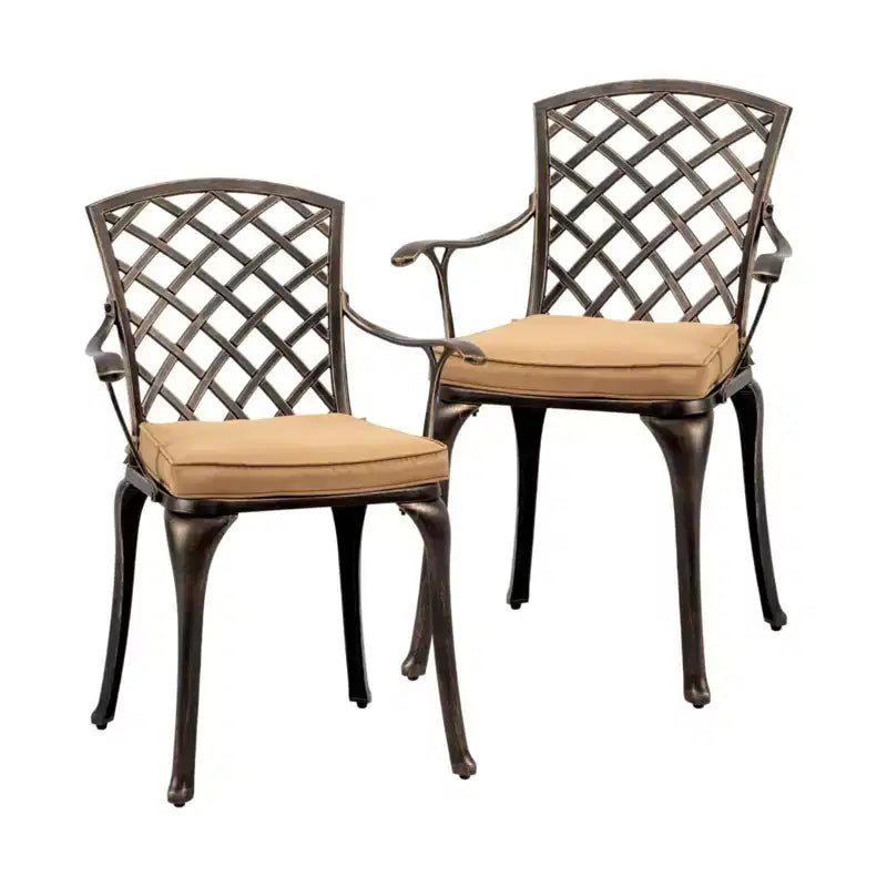 Karl Home | Elegant Bronze Cast Aluminum Patio Chair with Latte Cushions (Set of 2)