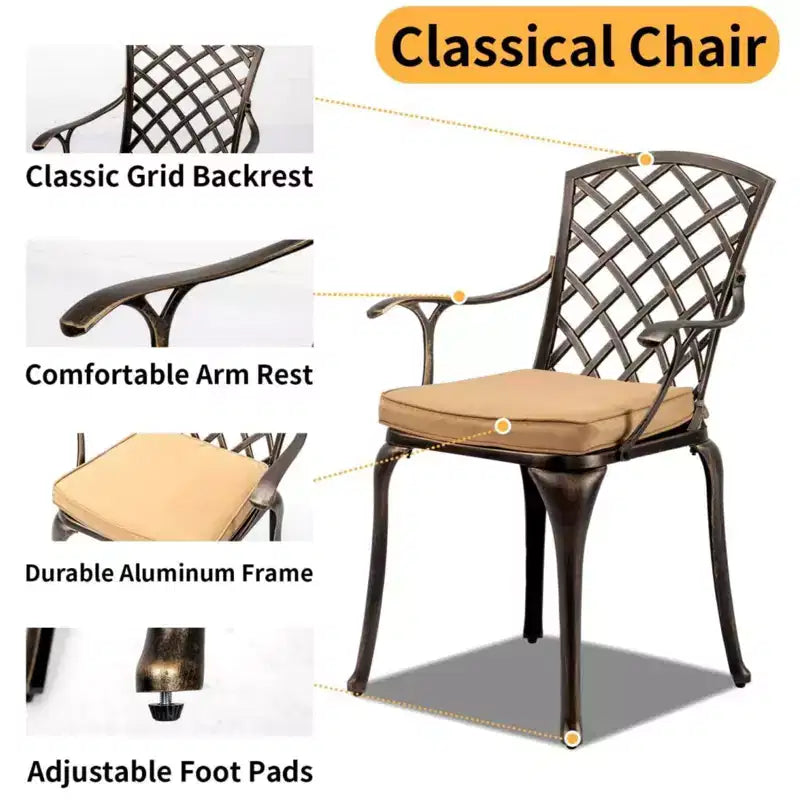 Karl Home | Chaises de Patio en Aluminium Coulé Bronze Élégant avec Coussins Latte (Ensemble de 2)