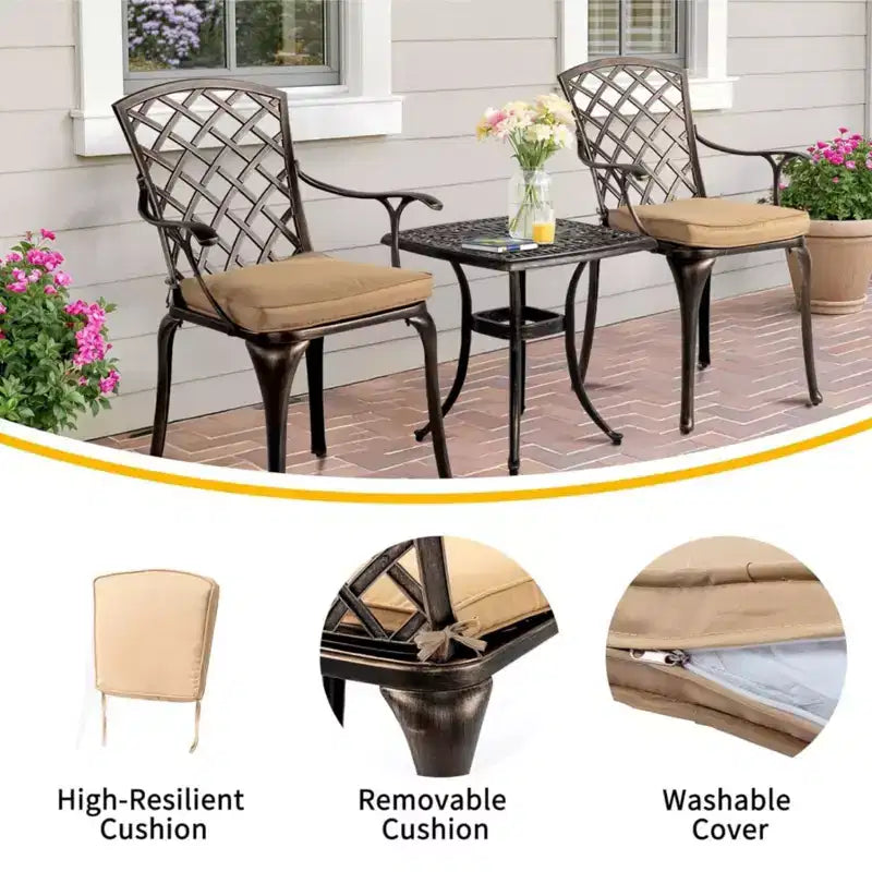 Karl Home | Chaises de Patio en Aluminium Coulé Bronze Élégant avec Coussins Latte (Ensemble de 2)