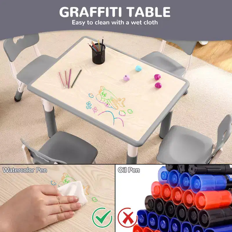 Ensemble Table et Chaises Garvee pour Enfants (4 chaises), Hauteur Réglable, Table d'Activités Antidérapante pour Tout-Petits, Tables d'Apprentissage Montessori et de Dessin,