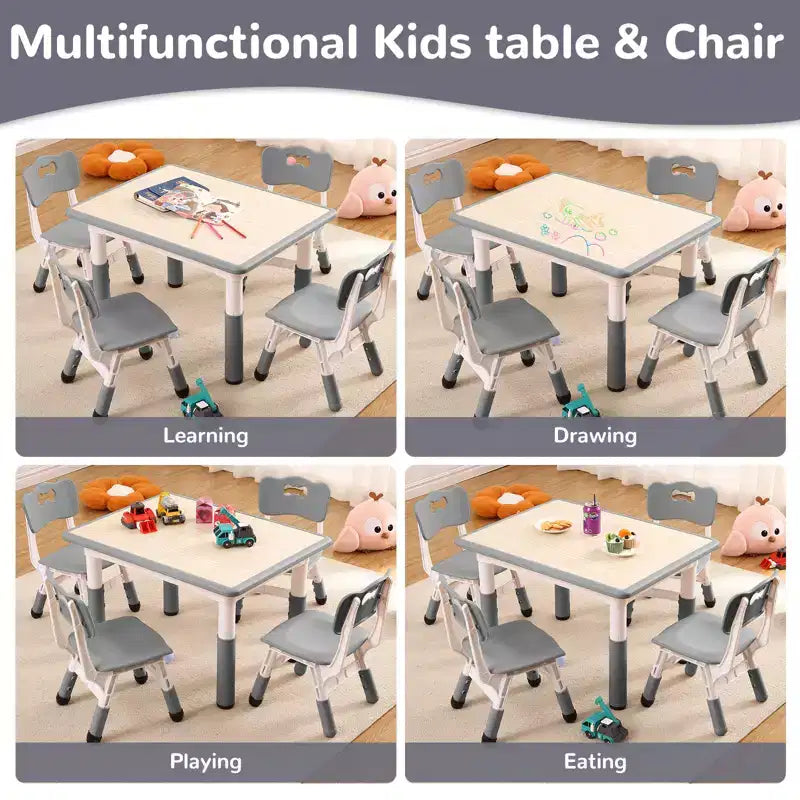 Ensemble Table et Chaises Garvee pour Enfants (4 chaises), Hauteur Réglable, Table d'Activités Antidérapante pour Tout-Petits, Tables d'Apprentissage Montessori et de Dessin,