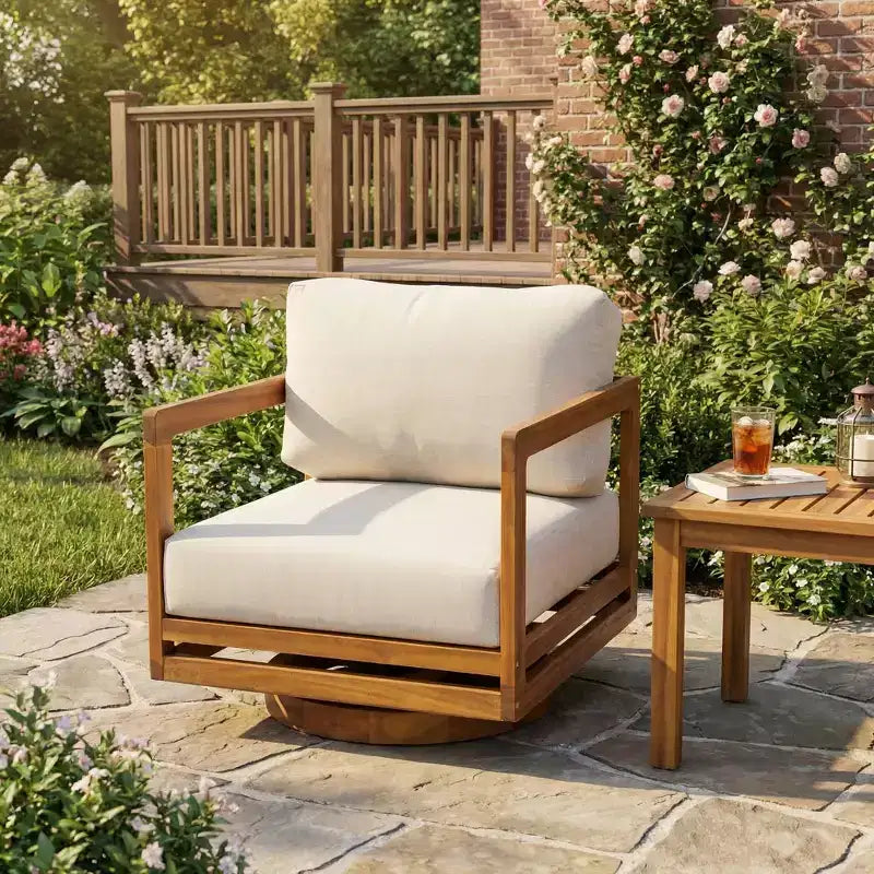 ModernLuxe Outdoor 360 Swivel Lounge Chair, Teak Finish Acacia Wood Frame with Beige Cushion, Weather-Resistant Patio Chair