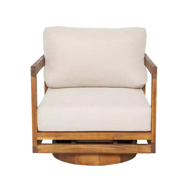 Fauteuil de jardin pivotant à 360° ModernLuxe, structure en bois d'acacia finition teck avec coussin beige, chaise de terrasse résistante aux intempéries