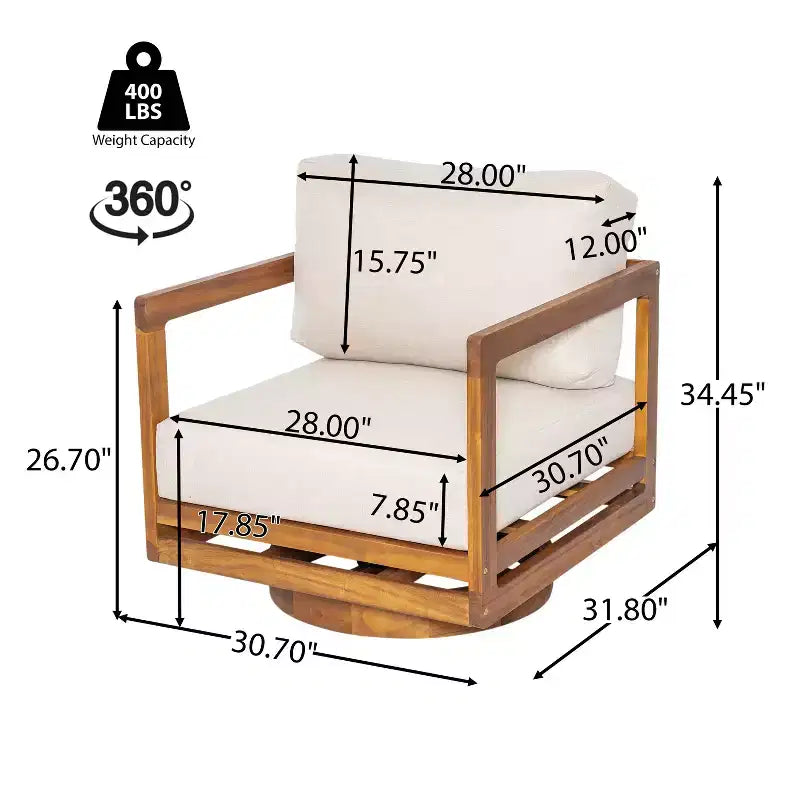 Fauteuil de jardin pivotant à 360° ModernLuxe, structure en bois d'acacia finition teck avec coussin beige, chaise de terrasse résistante aux intempéries