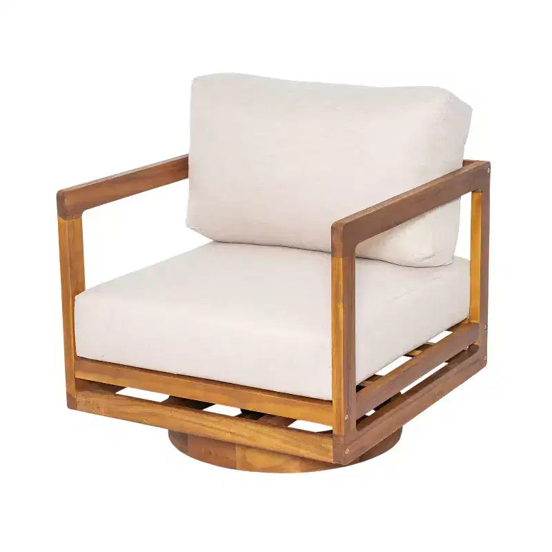 Fauteuil de jardin pivotant à 360° ModernLuxe, structure en bois d'acacia finition teck avec coussin beige, chaise de terrasse résistante aux intempéries