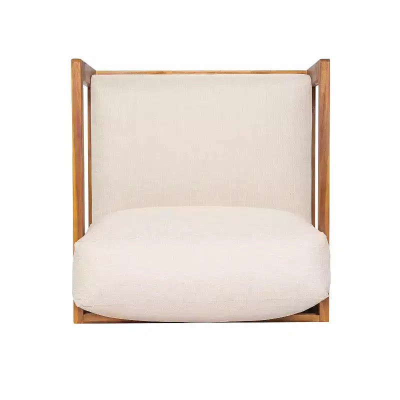 Fauteuil de jardin pivotant à 360° ModernLuxe, structure en bois d'acacia finition teck avec coussin beige, chaise de terrasse résistante aux intempéries