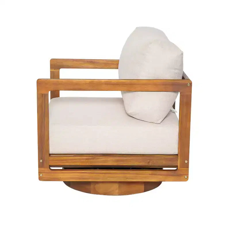 Fauteuil de jardin pivotant à 360° ModernLuxe, structure en bois d'acacia finition teck avec coussin beige, chaise de terrasse résistante aux intempéries