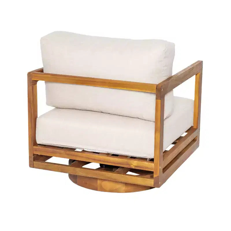 Fauteuil de jardin pivotant à 360° ModernLuxe, structure en bois d'acacia finition teck avec coussin beige, chaise de terrasse résistante aux intempéries