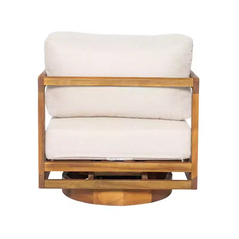 Fauteuil de jardin pivotant à 360° ModernLuxe, structure en bois d'acacia finition teck avec coussin beige, chaise de terrasse résistante aux intempéries