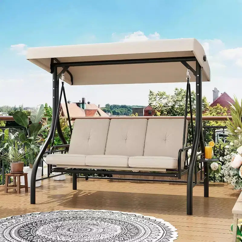 2-in-1 Convertible 3-Seat Outdoor Swing Chair with Adjustable Canopy,Patio Swing Bed with Stand,Thick Cushions&Cup Holders,for Backyard,Garden,Porch