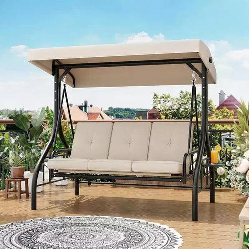 2-in-1 Convertible 3-Seat Outdoor Swing Chair with Adjustable Canopy,Patio Swing Bed with Stand,Thick Cushions&Cup Holders,for Backyard,Garden,Porch