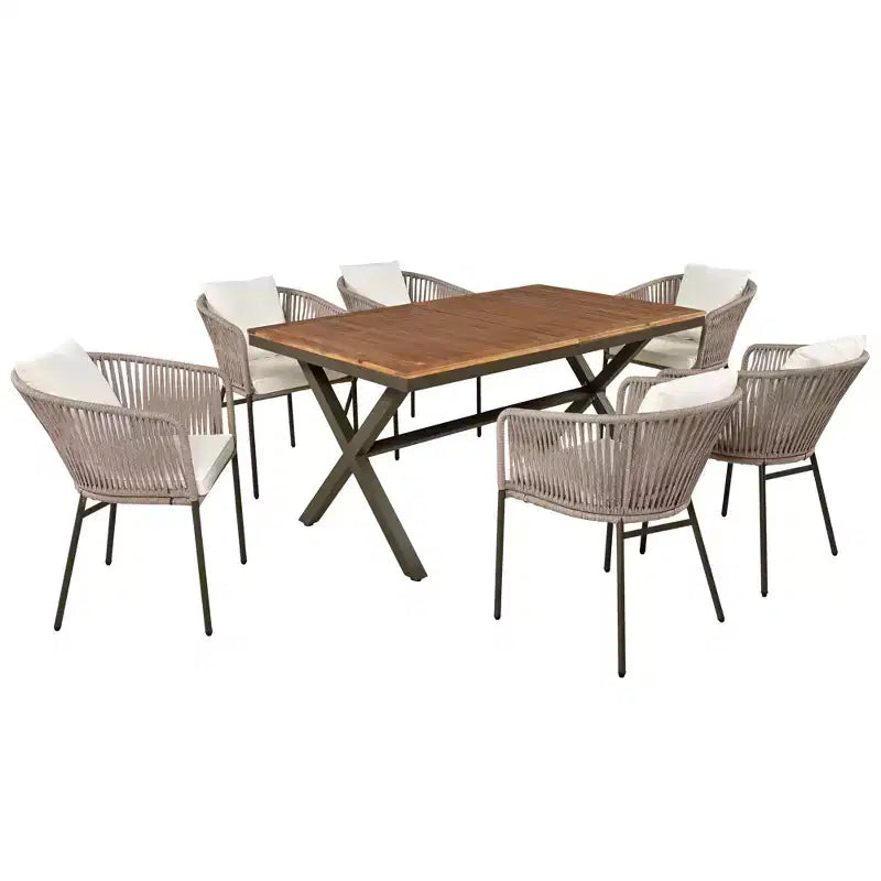 Ensemble de salle à manger d'extérieur 7 pièces Polibi avec plateau de table en bois d'acacia