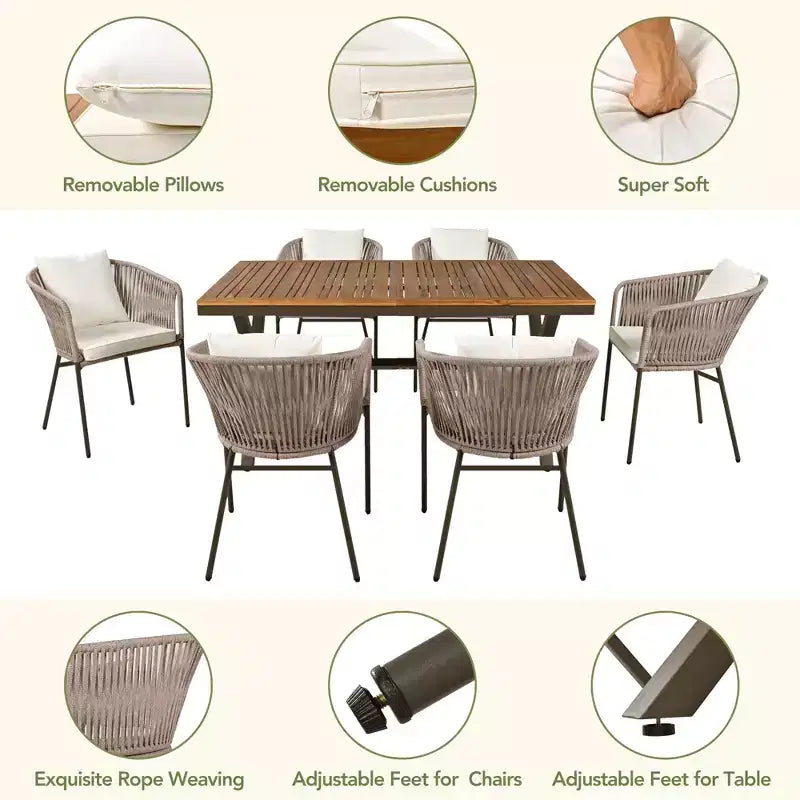 Ensemble de salle à manger d'extérieur 7 pièces Polibi avec plateau de table en bois d'acacia