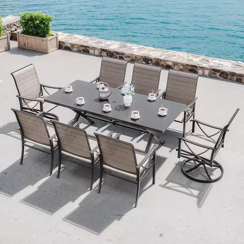 Ensemble de salle à manger d'extérieur ALAULM pour patio, avec table rectangulaire en acier en X, trou pour parasol et chaises fixes à accoudoirs ou chaises pivotantes à bascule pour fêtes de famille, pelouse, balcon, terrasse