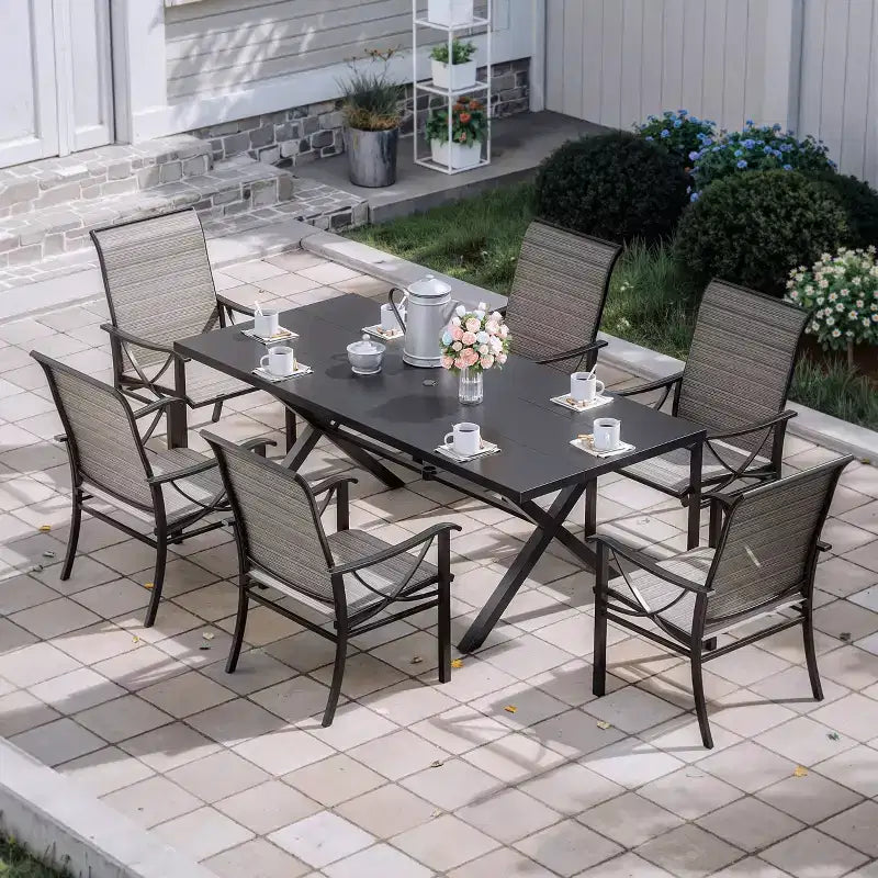 Ensemble de salle à manger d'extérieur ALAULM pour patio, avec table rectangulaire en acier en X, trou pour parasol et chaises fixes à accoudoirs ou chaises pivotantes à bascule pour fêtes de famille, pelouse, balcon, terrasse
