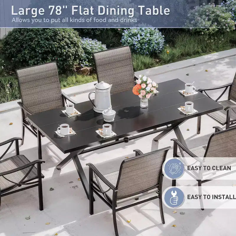 Ensemble de salle à manger d'extérieur ALAULM pour patio, avec table rectangulaire en acier en X, trou pour parasol et chaises fixes à accoudoirs ou chaises pivotantes à bascule pour fêtes de famille, pelouse, balcon, terrasse