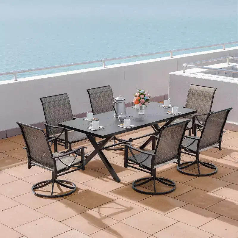 Ensemble de salle à manger d'extérieur ALAULM pour patio, avec table rectangulaire en acier en X, trou pour parasol et chaises fixes à accoudoirs ou chaises pivotantes à bascule pour fêtes de famille, pelouse, balcon, terrasse