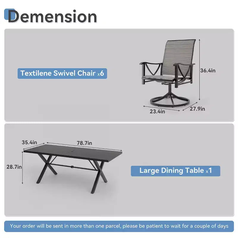 Ensemble de salle à manger d'extérieur ALAULM pour patio, avec table rectangulaire en acier en X, trou pour parasol et chaises fixes à accoudoirs ou chaises pivotantes à bascule pour fêtes de famille, pelouse, balcon, terrasse